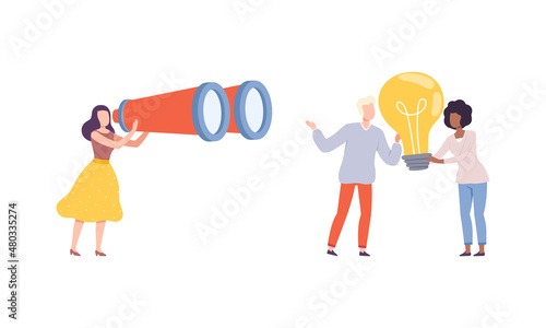 Man and Woman Character Holding Big Binocular and Light Bulb Vector Illustration Set