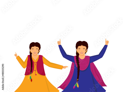 Punjabi Young Ladies Doing Bhangra Dance On White Background.