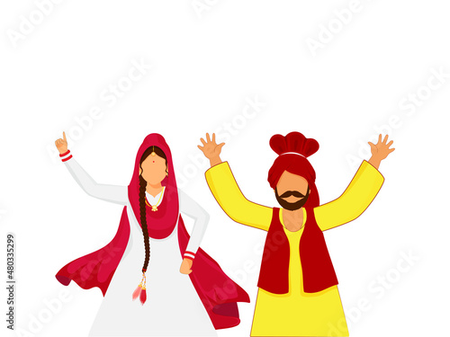 Cartoon Punjabi Couple Doing Bhangra On White Background.