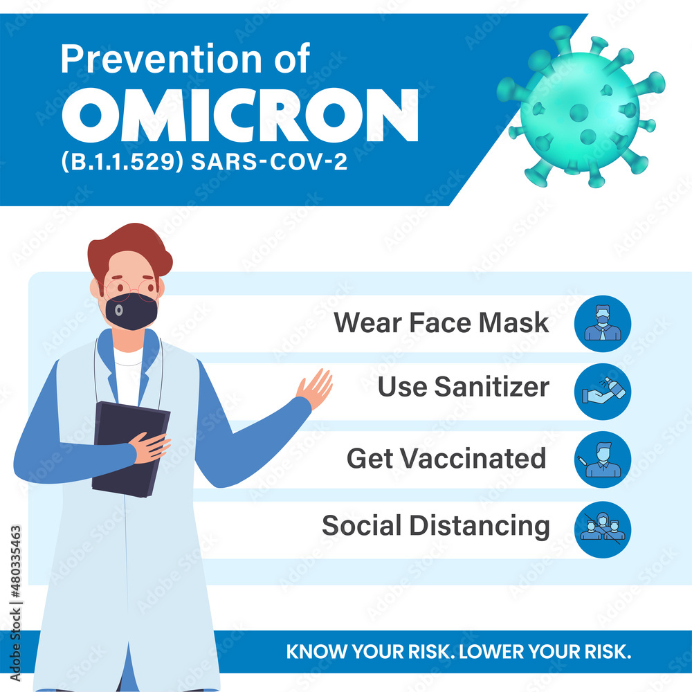 Precautions Of Avoid Covid-19 Omicron Like As Wear Mask, Use Sanitizer, Keep Physical Distance And Get Vaccinated. Precautions Of Avoid Covid-19 Omicron Like As Wear Mask, Use Sanitizer, Keep Physical Distance And Get Vaccinated.