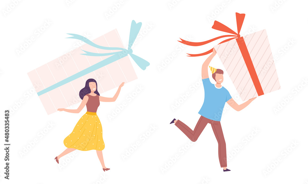 Man and Woman in Birthday Hat Carrying Huge Wrapped Gift Box Vector Set Man and Woman in Birthday Hat Carrying Huge Wrapped Gift Box Vector Set