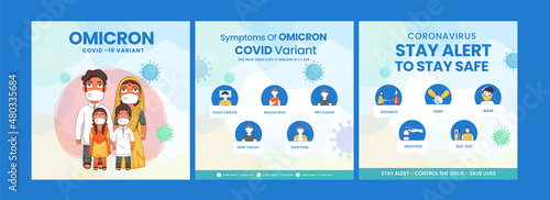 Covid-19 Omicron Variant Symptoms And Precautions Based Post Or Template Design For Awareness.