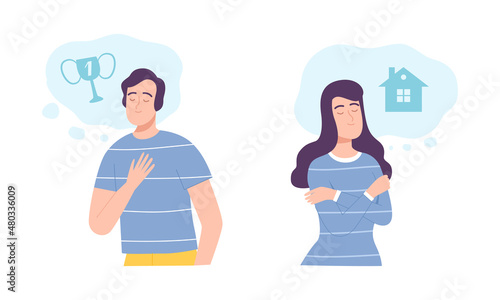 Young Man and Woman Thought and Need in Cloud Vector Set