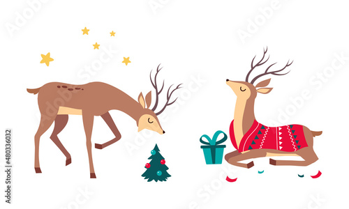 Slender Reindeer with Antler Sitting with Gift Box and Fir Tree Vector Set