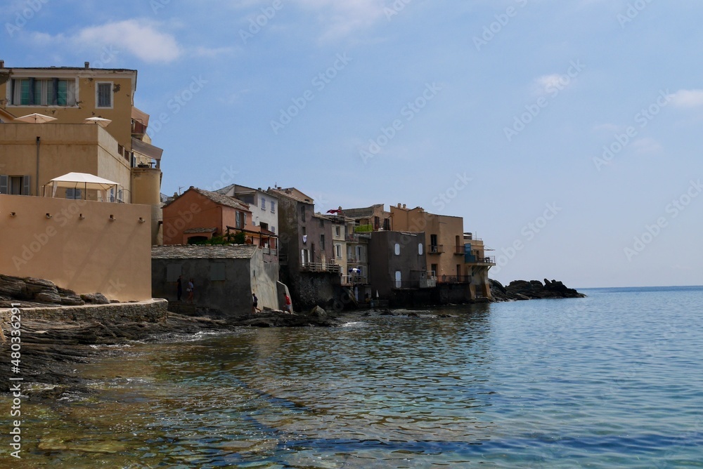 Panoramic view of Erbalunga, charming waterfront village in Cap Corse, Corsica, France.