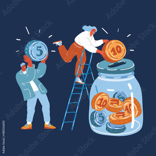 Cartoon vector illustration of Glass jar with coins. Family couple saving money. Man and woman inserting cash coin into glass jar.