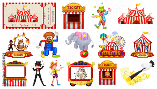 Set of circus characters and amusement park elements