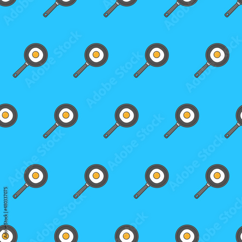 Fried Egg In A Frying Pan Seamless Pattern On A Blue Background. Food Theme Vector Illustration