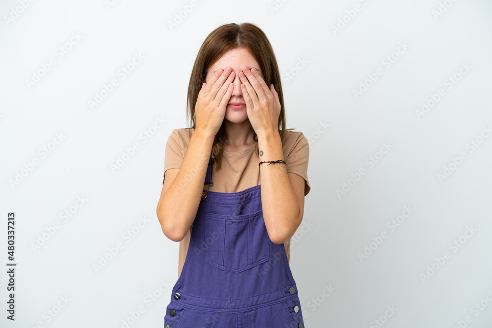 Young English woman isolated on white background covering eyes by hands Young English woman isolated on white background covering eyes by hands