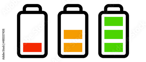 A set of battery icons for each charge level. Vector.