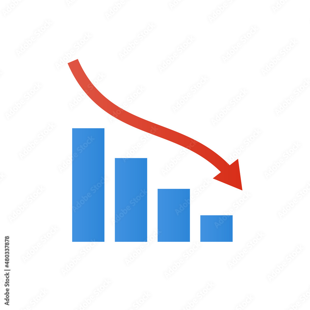 Decreasing arrow and bar graph icon. Decline in business performance. Vector. Decreasing arrow and bar graph icon. Decline in business performance. Vector.