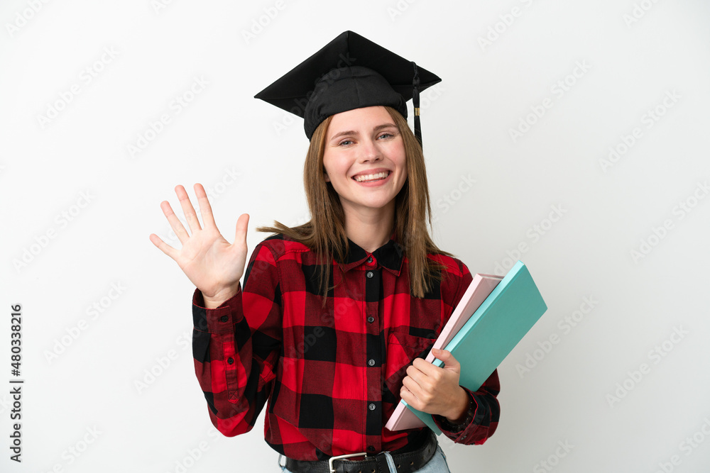 Young English student woman isolated on white background counting five with fingers Young English student woman isolated on white background counting five with fingers