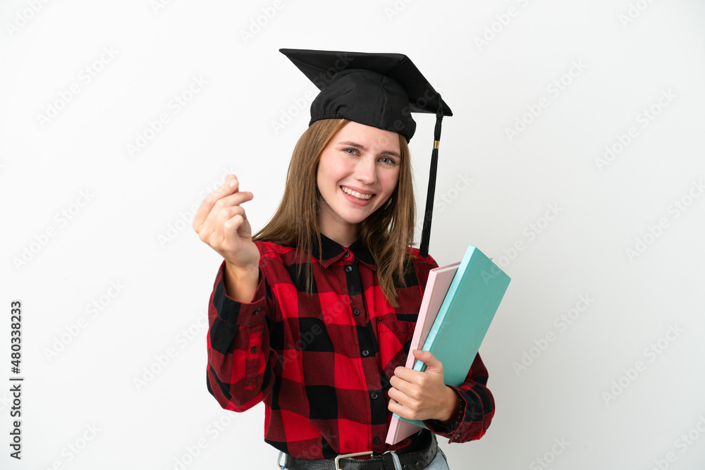 Young English student woman isolated on white background making money gesture Young English student woman isolated on white background making money gesture