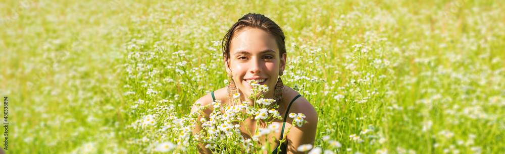 Spring woman face for banner. Spring girl outdoor in summer field. Healthy breathing concept.