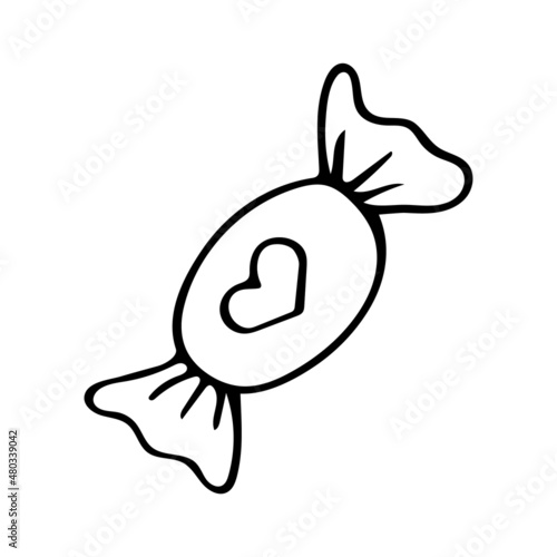 Hand drawn doodle candy in a wrapper with a heart. Vector sweet clipart..
