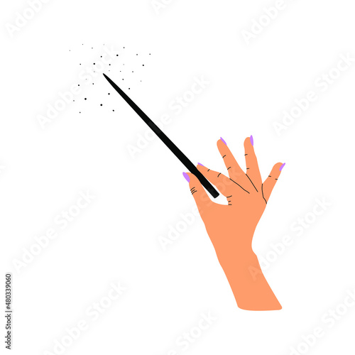 Flat vector illustration of a hand holding a magic wand. Isolated design on a white background.