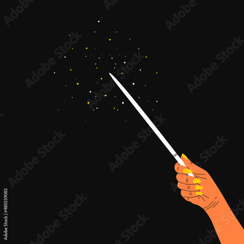 Flat vector illustration of a hand holding a magic wand. Isolated design on a dark background.
