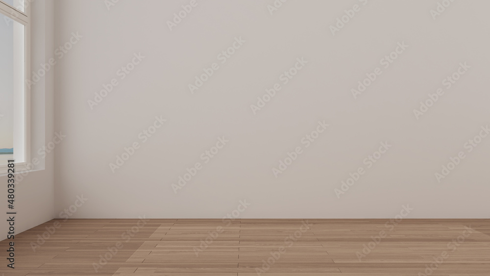 Empty room interior design, open space, eco parquet wooden floor, white walls, modern architecture idea concept Empty room interior design, open space, eco parquet wooden floor, white walls, modern architecture idea concept