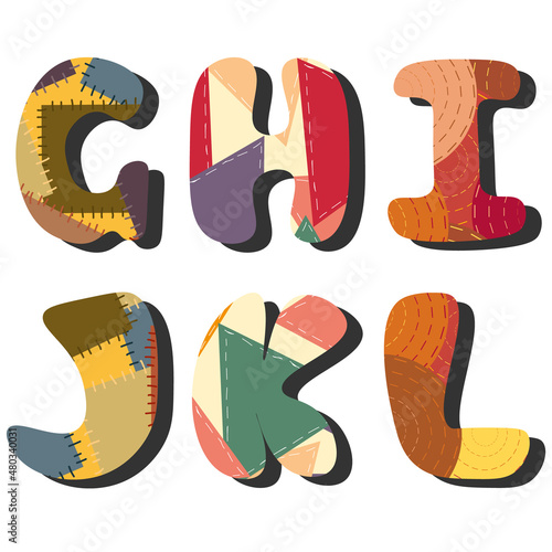 Letters of the alphabet with a pattern of patches. Letters G-L