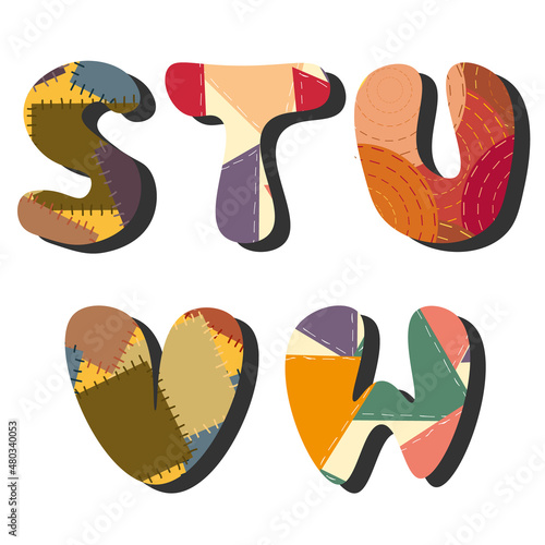 Letters of the alphabet with a pattern of patches. Letters S-W