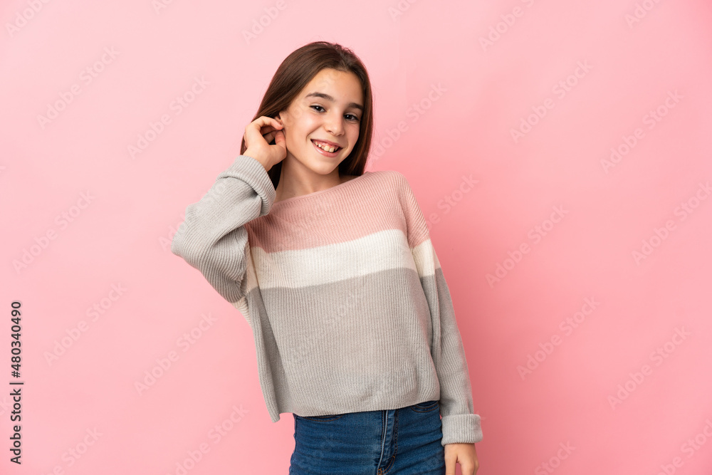 Little girl isolated on pink background laughing Little girl isolated on pink background laughing