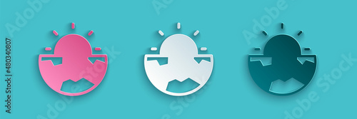 Paper cut Earth core structure crust icon isolated on blue background. Paper art style. Vector