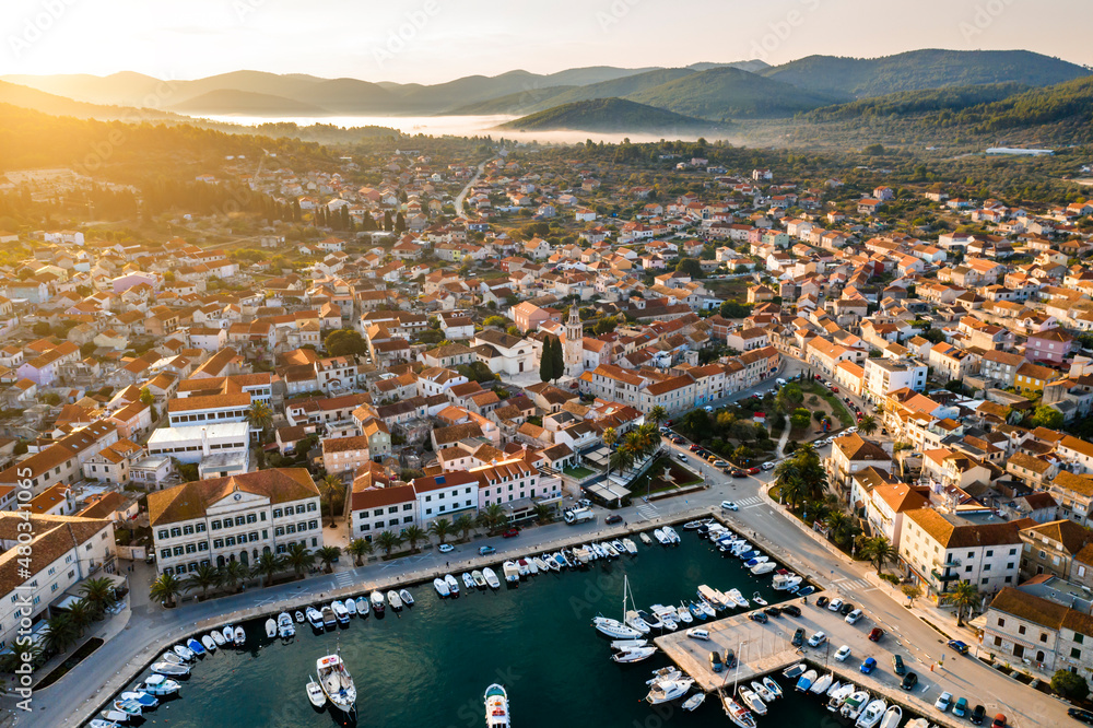 Aerial view of Vela Luka town on Korcula island, Croatia