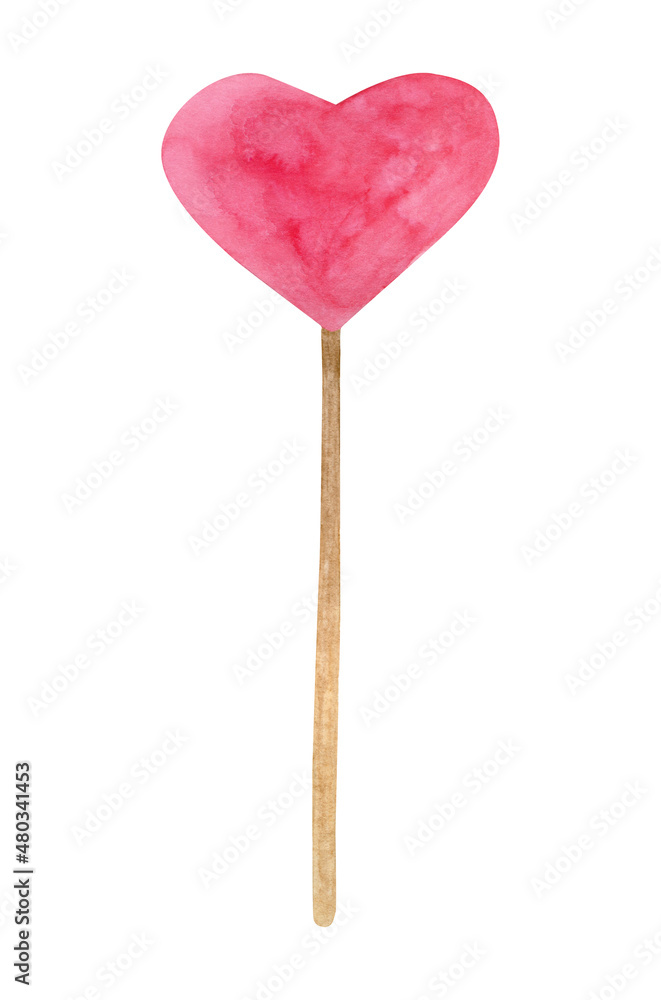 Watercolor heart on wood stick illustration. Hand painted pink heart shaped candy isolated on white background. Romantic lollypop image for Valentine's day, wedding, scrapbook, greeting card, design