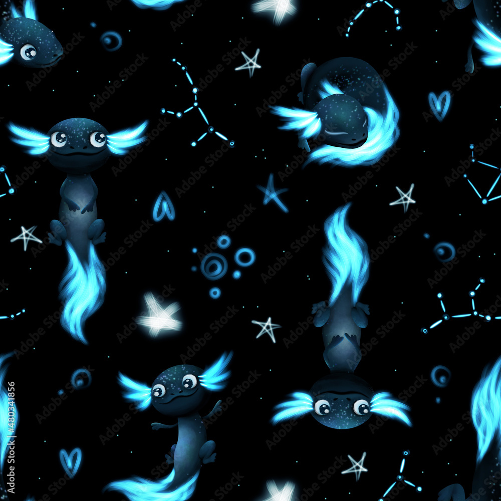 Seamless pattern with various black Axolotls, stars and constalations on vlack background for baby clothes, bed linen, wrapping paper Seamless pattern with various black Axolotls, stars and constalations on vlack background for baby clothes, bed linen, wrapping paper