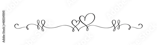 Vintage Flourish Vector divider Valentines Day Hand Drawn Black Calligraphic two Hearts. Calligraphy Holiday illustration. Design valentine element. Icon love decor for web, wedding