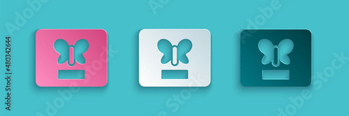 Paper cut Butterfly in a frame icon isolated on blue background. Herbarium. Paper art style. Vector