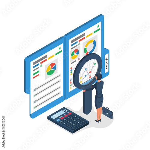 Auditing concepts. Auditor with magnifying glass in hand during examination of financial report. Tax process. Research, project management, planning, accounting, analysis. Vector isometric design.