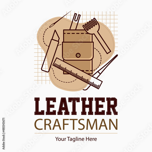 Tanner or leather craftsman logo template. Leather craft handmade market vector design. Сoncept for workshop repair or restoration of leather goods. Design for print, emblem, sticker, logotype.