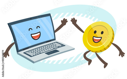Cartoon Laptop Character and Cartoon Coin Character giving high-five. Electronic payments.