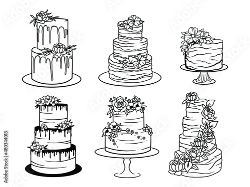 Set of wedding cake. Collection of stylized multi-tiered cakes with fruit and butter cream. Sweet pastries with flowers. Vector illustration isolated on white background.