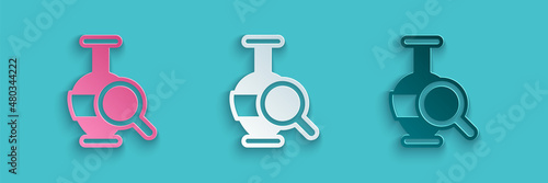 Paper cut Ancient amphorae icon isolated on blue background. Paper art style. Vector