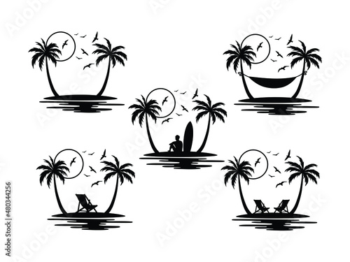 Set of palm island. Collection of tropical sandy beach with palm, surfer or chair. Relaxing vacation. Vector illustration on white background.