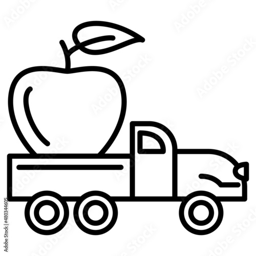 An apple on a truck. Cargo delivery service. Transportation of fruits. Gardening, agronomy. Vector icon, outline, isolated