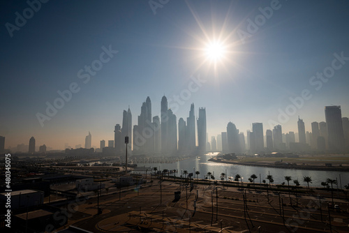 city skyline at dusk Dubai marina