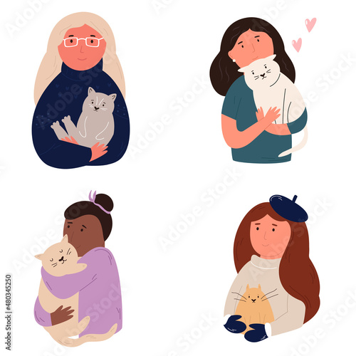 Vector illustrations of happy women hugging cats. Set of women portraits with animals.