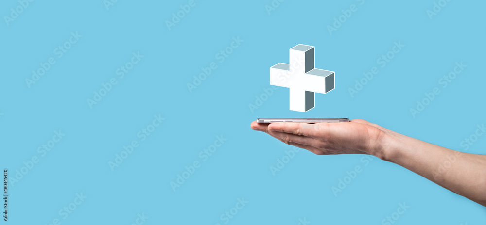 Obraz premium Hand hold 3D plus icon, man hold in hand offer positive thing such as profit, benefits, development, CSR represented by plus sign.The hand shows the plus sign