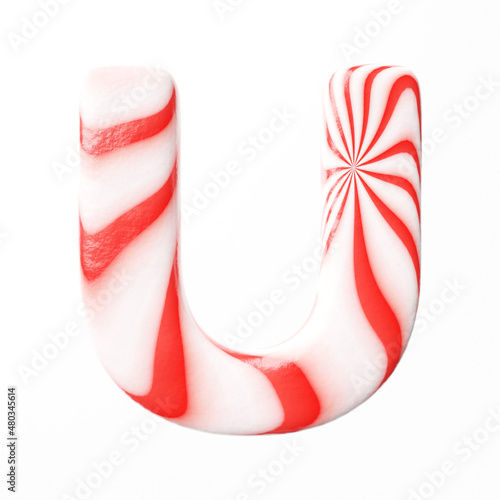 Candy letter U on clean white background isolated sweet candy lollipop 3D render with red and white stripes