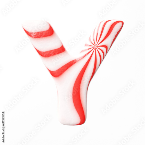 Candy letter Y on clean white background isolated sweet candy lollipop 3D render with red and white stripes