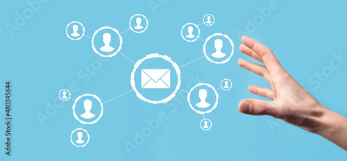 Email and user icon,sign,symbol marketing or newsletter concept, diagram.Sending email.Bulk mail.Email and sms marketing concept. Scheme of direct sales in business. List of clients for mailing.