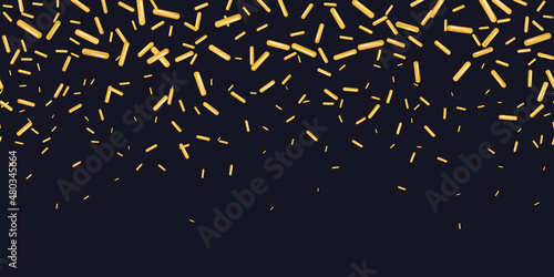 Sprinkle realistic with grains of desserts. Seamless pattern bright golden sprinkles grainy isolated on black. Design for holiday designs, party, birthday, invitation. Vector 3d sweet confetti