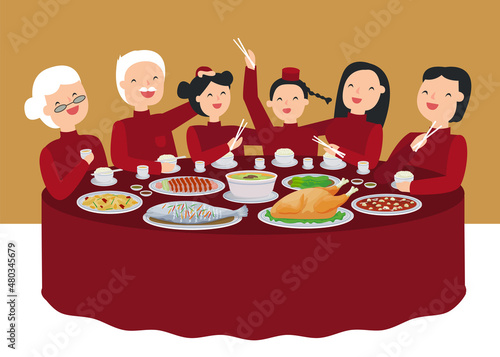 Illustration vector cartoon of happy together Asian family dinner reunion at home behind tradition door frame or restaurant with food on table.