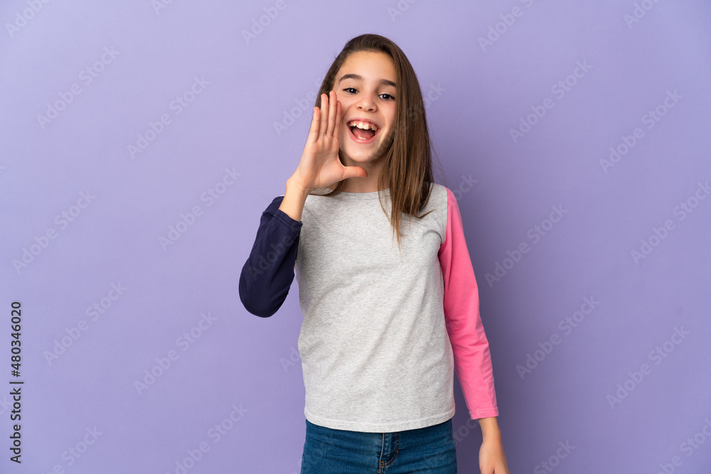 Little girl isolated on purple background shouting with mouth wide open Little girl isolated on purple background shouting with mouth wide open