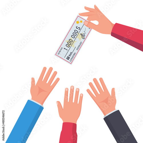 Lottery concept. A man holds a check on one million dollars in hand. Many wishes to win the prize. Good luck and gambling. Vector illustration flat design. Players pull hands to the prize.