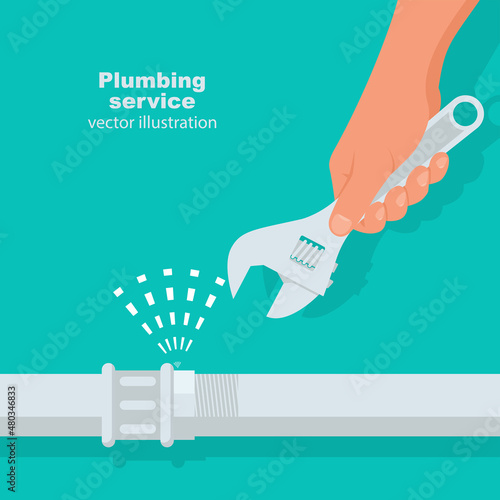 Professional plumber with an adjustable wrench hold in hand repairing plumbing, isolated. Plumbing service, repair fix leaking. Vector illustration flat design. Fixing pipe. Maintenance water pipe.