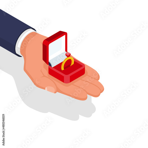 Proposal marriage. Vector illustration isometric 3d design. Man is holding in hand an open box with a wedding ring and diamond.